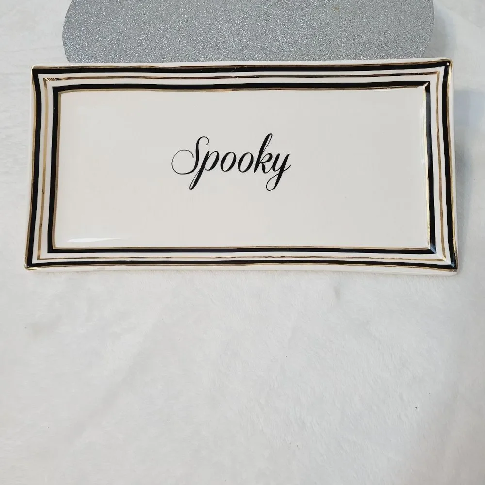 Terramoto Ceramic Halloween Spooky Serving Tray Platter White Black Gold Stripes